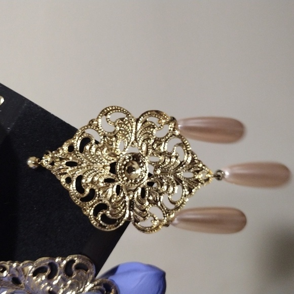 Women's Stylish Gold-tone Filigree Design Long Beads Drop Dangle Earrings, #2 - Picture 5 of 5